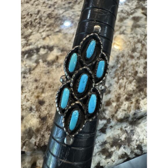Vintage Artisan Turquoise Petit Point Sterling Silver Statement Ring Size 5 - Picture 7 of 8